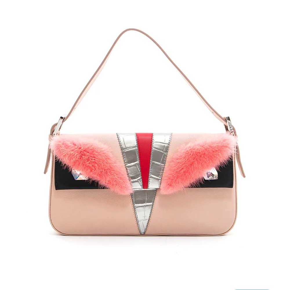 Fendi Pink Monster Shoulder Bag with Fur and Silver Trim